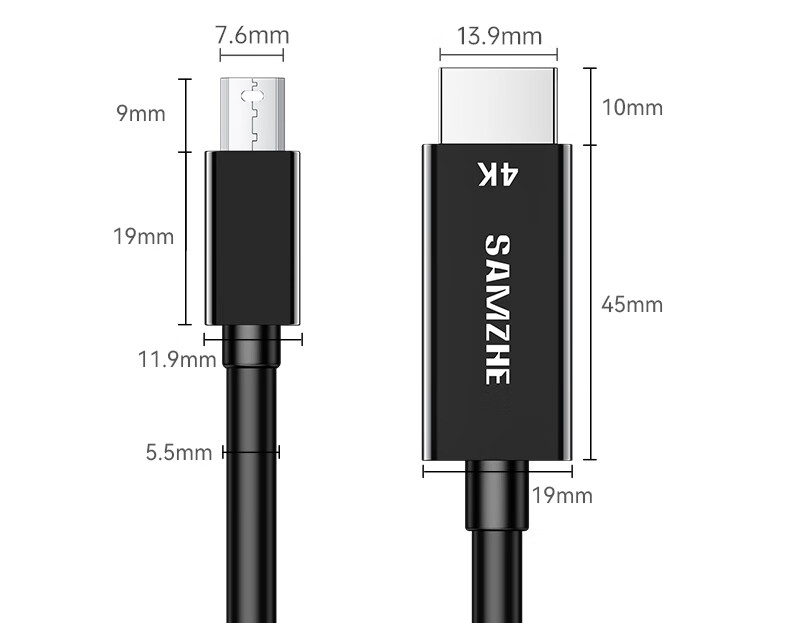 Кабель-адаптер SAMZHE Mini DP to HDMI, Thunderbolt, 4K, 2 метра, MD420