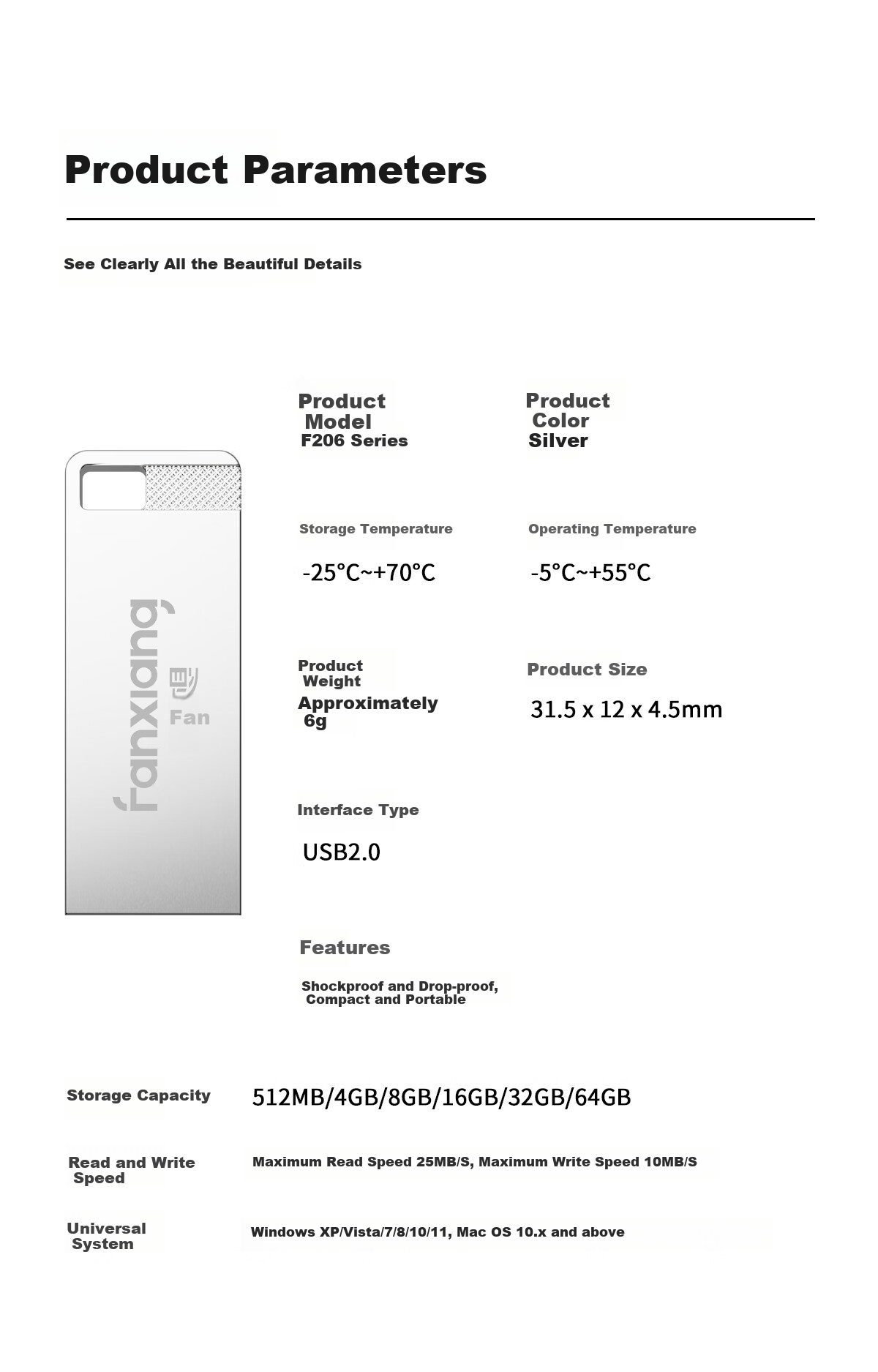 USB-флеш-накопитель FANXIANG F206, 64 ГБ, USB 2.0, металлический корпус, водонепроницаемый, противоударный, серебристый