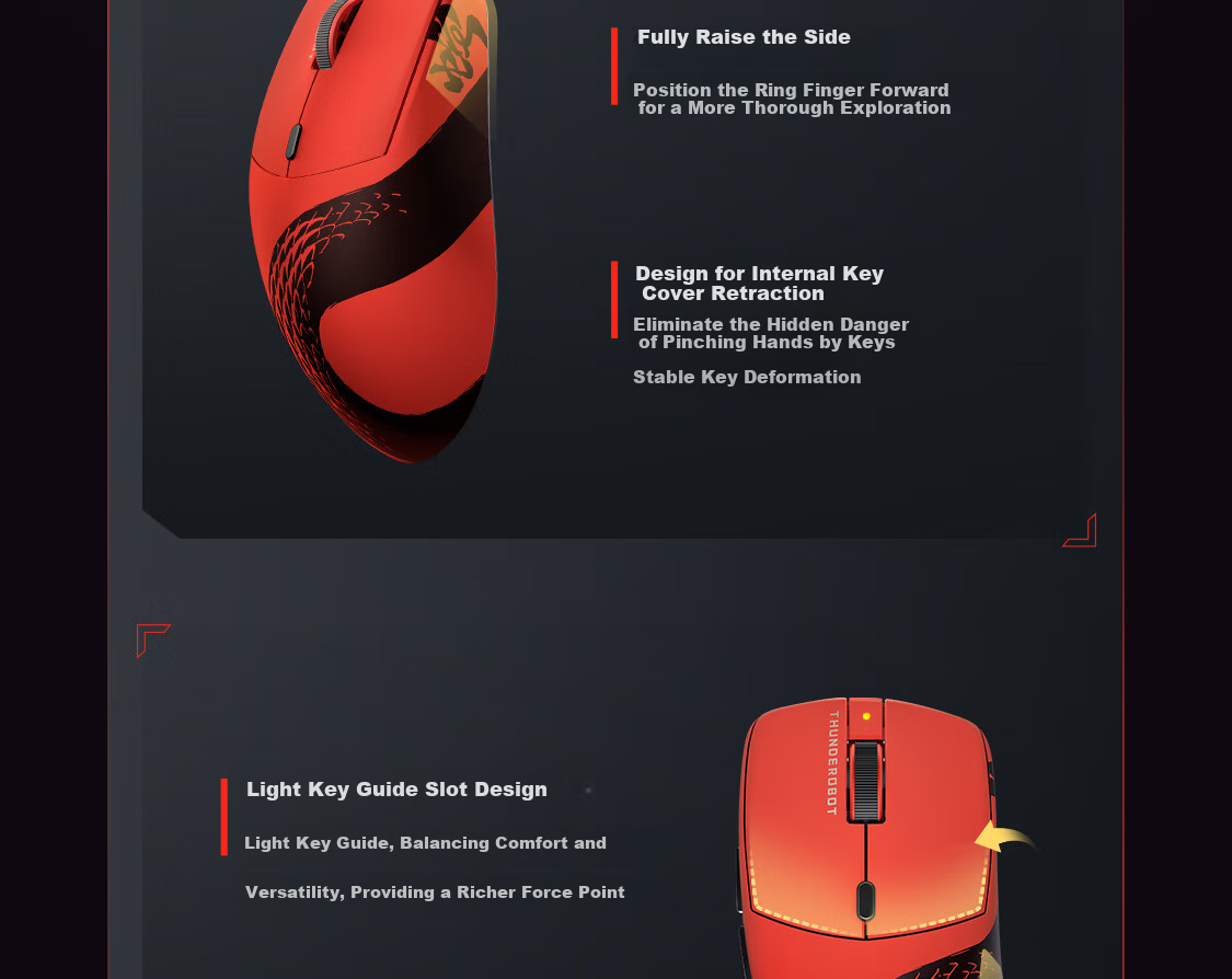 Игровая беспроводная мышь ThundeRobot ML6PRO 8K Gaming Edition, эргономичная, красная, для правой руки, 57г, 20000+ DPI