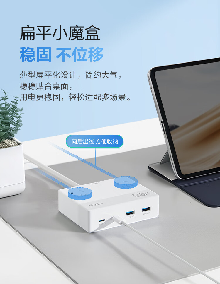 Удлинитель BULL GNV-UF1303, 30 Вт, 2 USB-C + 2 USB-A порта, 3 розетки, 1.5 м, белый
