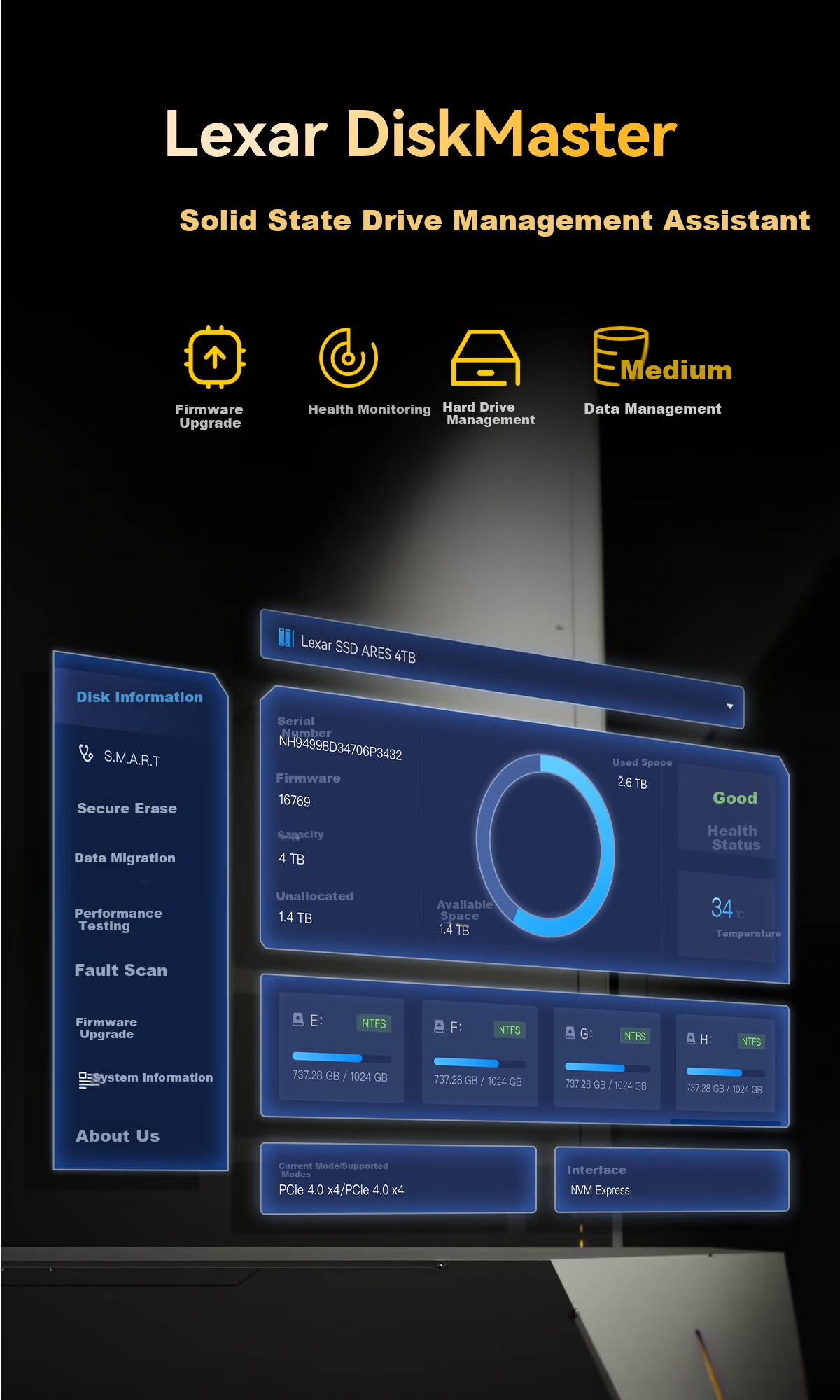 SSD накопитель Lexar THOR PRO Series, 4TB, M.2, NVMe, PCIe 4.0x4, скорость до 7000 МБ/с