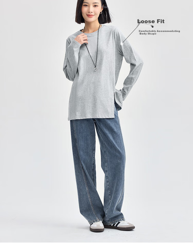 Женская футболка Giordano с длинным рукавом, модель 05324800, весна 2026, из 100% хлопка, с круглым вырезом и боковым разрезом, свободный крой