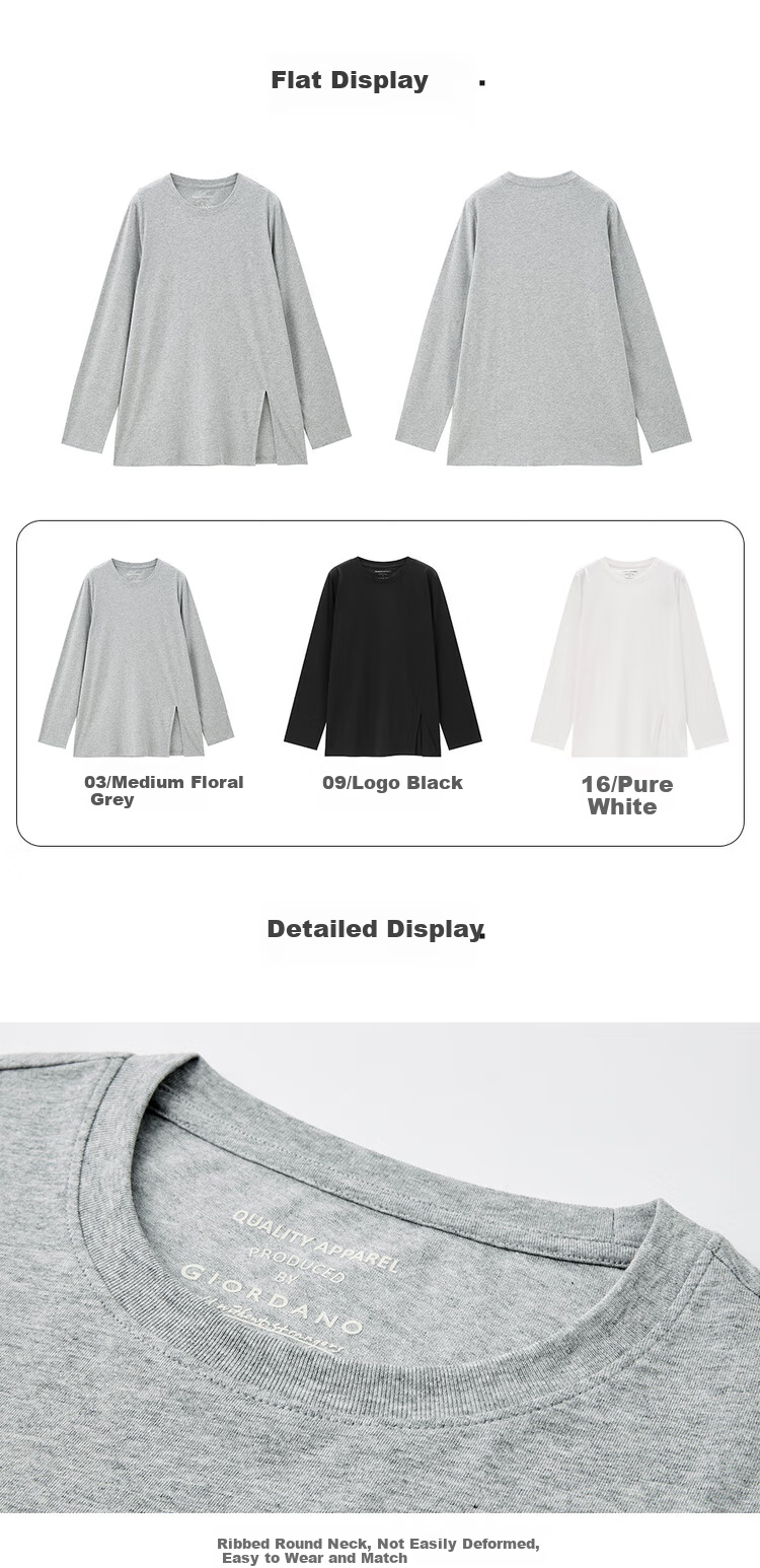 Женская футболка Giordano с длинным рукавом, модель 05324800, весна 2026, из 100% хлопка, с круглым вырезом и боковым разрезом, свободный крой