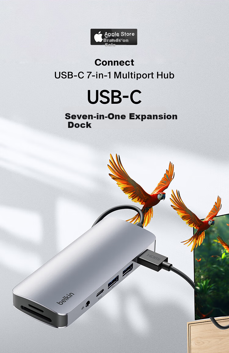 BELKIN Type-C Expansion Dock, 7-в-1 адаптер для iPad, конвертер для Apple Computer, PD 100W, зеркалирование экрана HDMI, кард-ридер USB/SD AVC009-V2