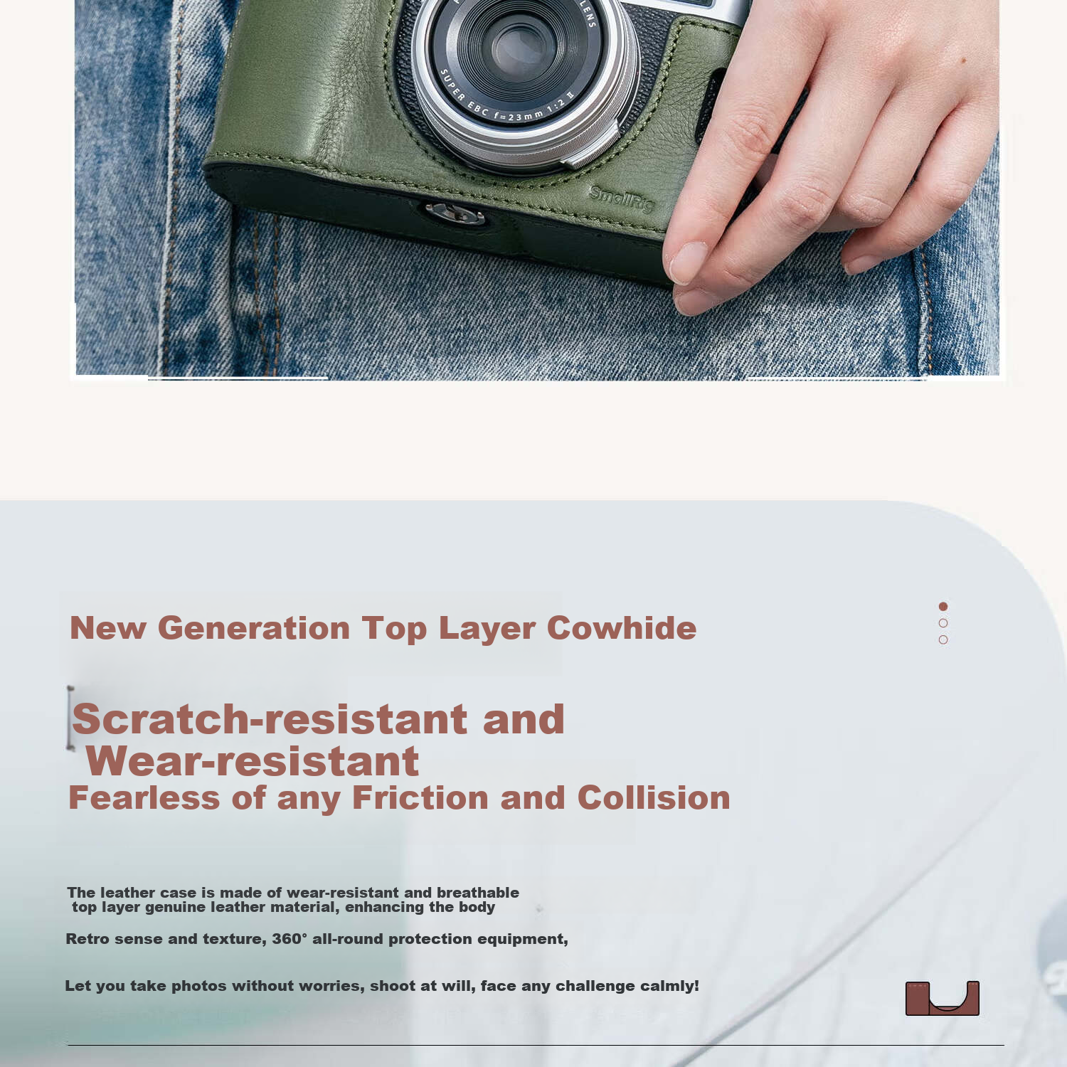 Кожаный чехол-футляр для камеры Fujifilm X-M5 SmallRig 4880, полузакрытый, с ремешком на запястье, коричневый