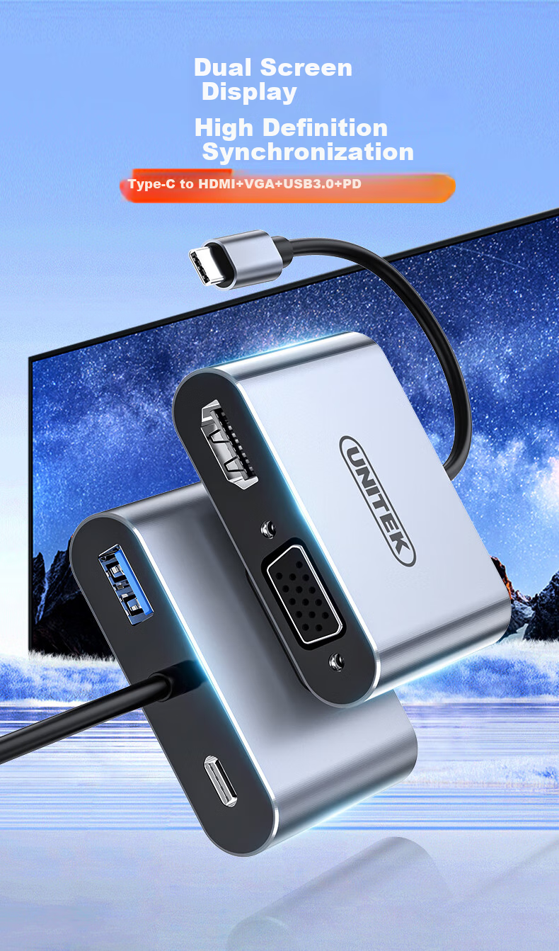 Переходник UNITEK Type-C на HDMI/VGA с PD зарядкой и USB 3.0, для Apple, ноутбуков, смартфонов и планшетов, для подключения к мониторам и проекторам