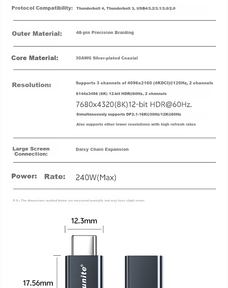 Кабель-удлинитель ULT-unite Thunderbolt 5, мама-папа, 16K HD, 120 Гбит/с, 240 Вт, 0.8 м