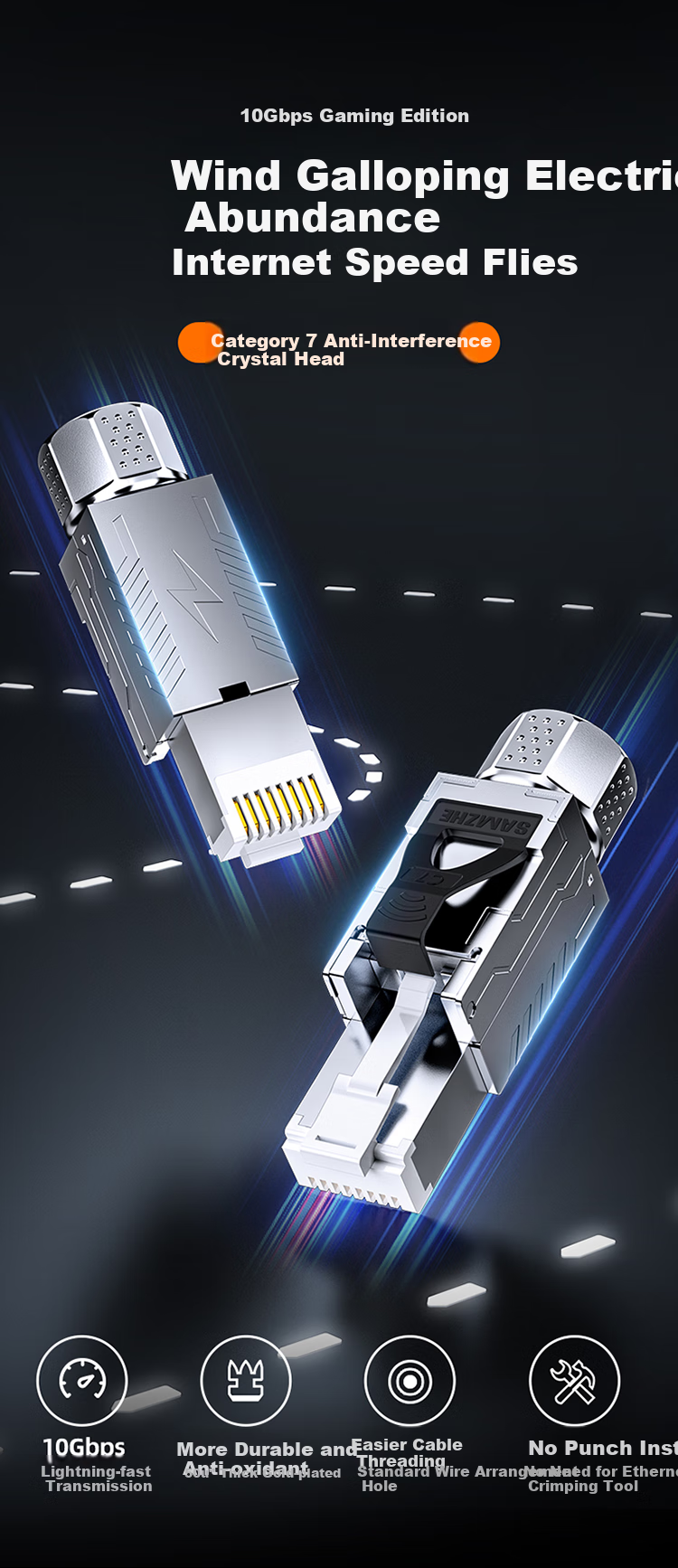 Кабельный коннектор SAMZHE CAT7 Shielded Tool-Free Crystal Connector, без инструментов, RJ45, позолоченный, 50U, одинарная упаковка MDC73