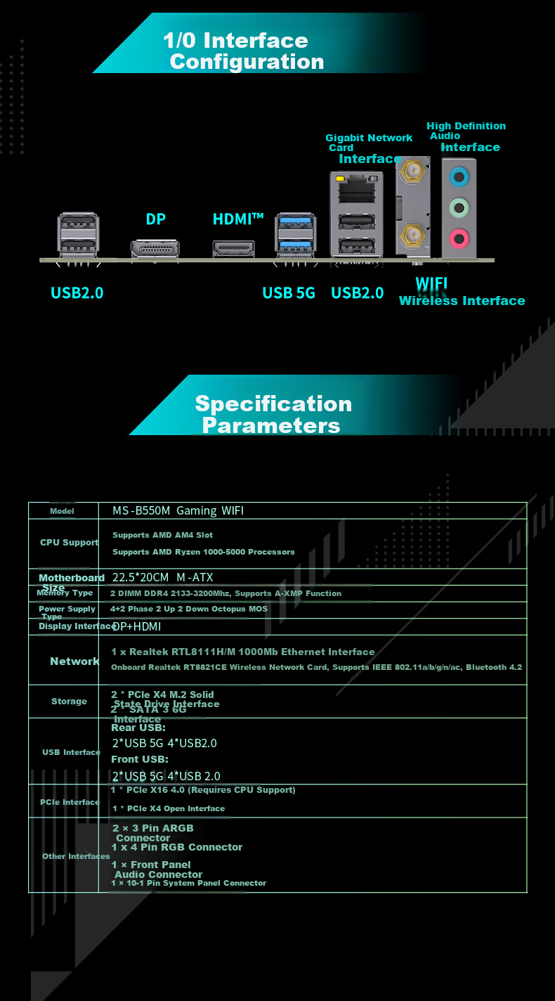 Игровая материнская плата MAXSUN MS-B550M GAMING WIFI, AM4, B550, DDR4, M.2, Wi-Fi, Bluetooth