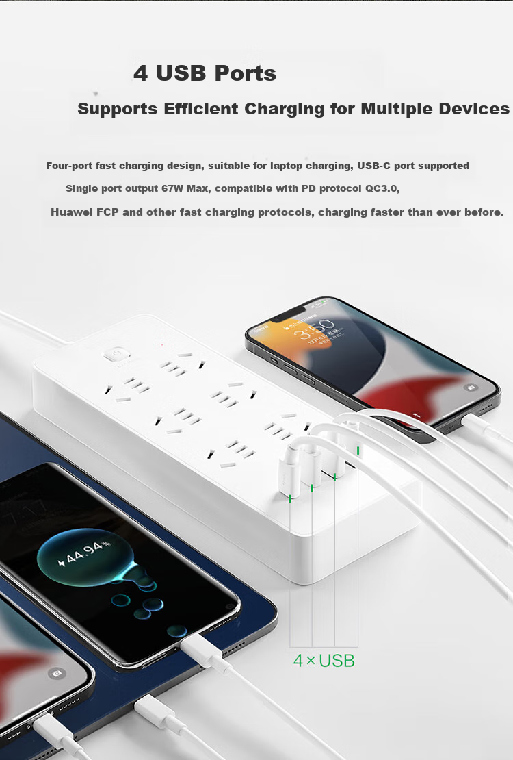 Удлинитель-пилот BULL GNV-U1676 с 6 розетками, 2 портами USB-C и 2 портами USB-A, 67 Вт, 1.8 м, белый