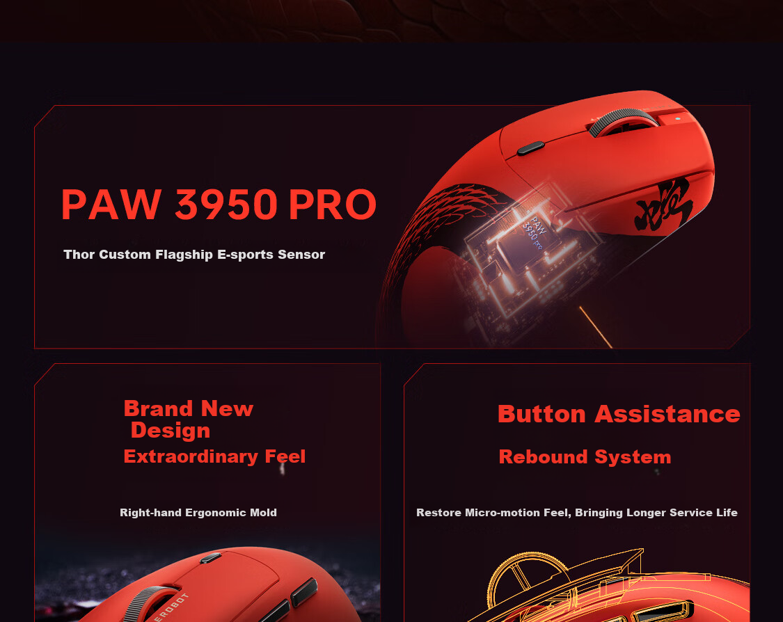 Игровая беспроводная мышь ThundeRobot ML6PRO 8K Gaming Edition, эргономичная, красная, для правой руки, 57г, 20000+ DPI