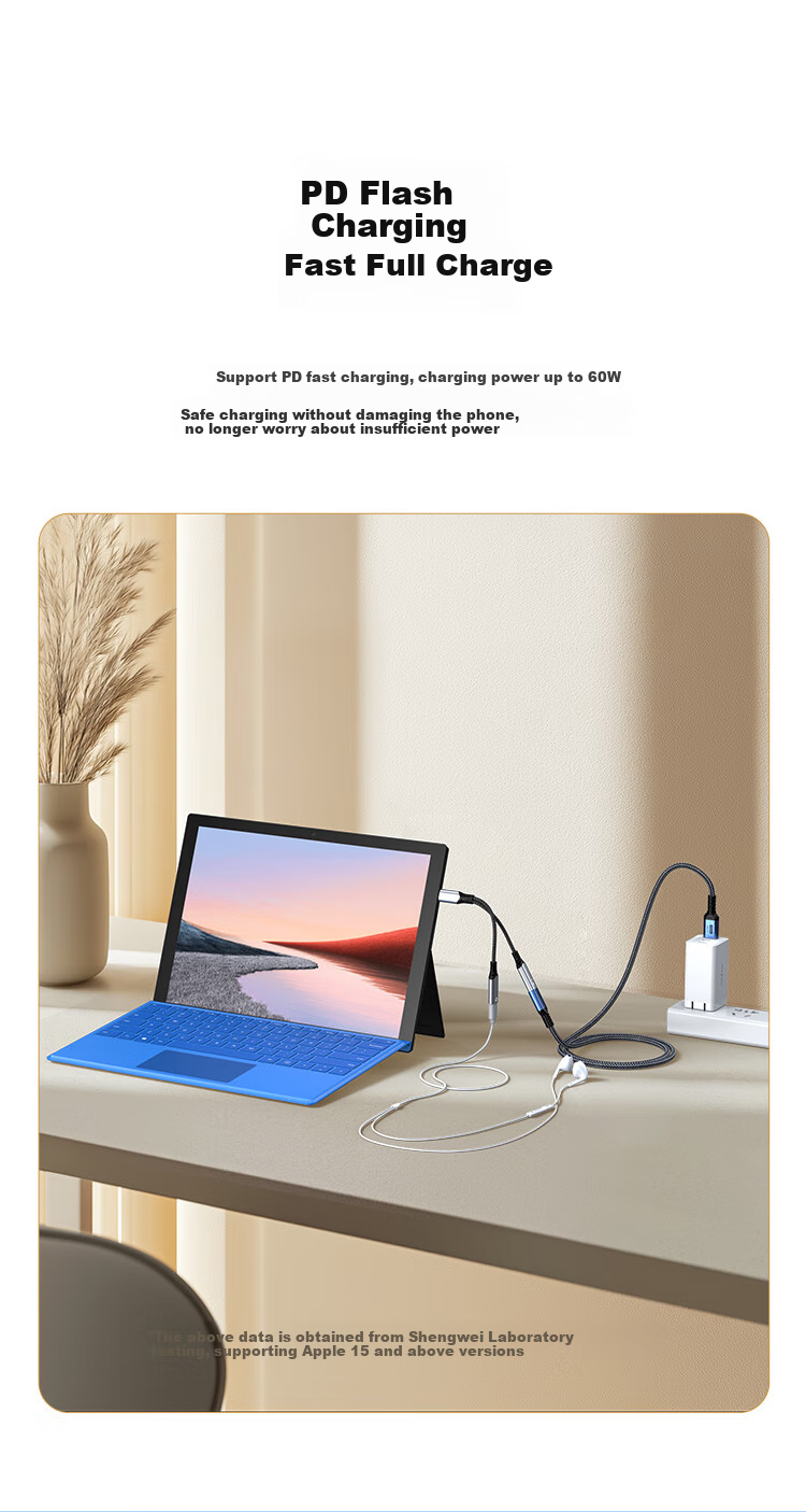 Адаптер Shengwei Apple 15/16/17, Type-C на два аудиовыхода, быстрая зарядка PD60W, для стриминга, прослушивания музыки, планшетов iPad, телефонов Android, ноутбуков, EDU0007J
