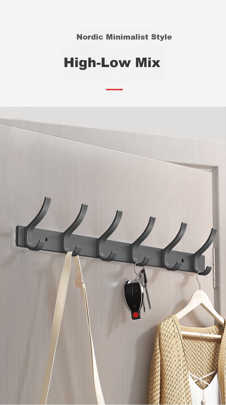 Крючки для одежды Huxiansen, самоклеящиеся, для входной двери, без сверления, настенные, для прихожей, 6 крючков, цвет "оружейный серый"