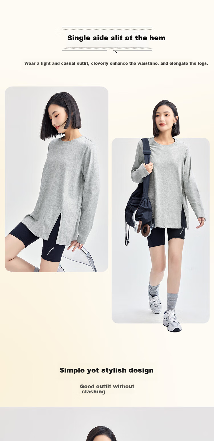 Женская футболка Giordano с длинным рукавом, модель 05324800, весна 2026, из 100% хлопка, с круглым вырезом и боковым разрезом, свободный крой