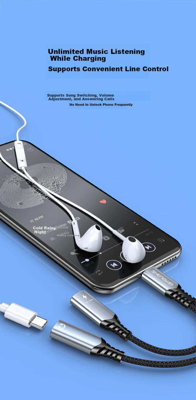 Адаптер Shengwei Apple 15/16/17, Type-C на два аудиовыхода, быстрая зарядка PD60W, для стриминга, прослушивания музыки, планшетов iPad, телефонов Android, ноутбуков, EDU0007J