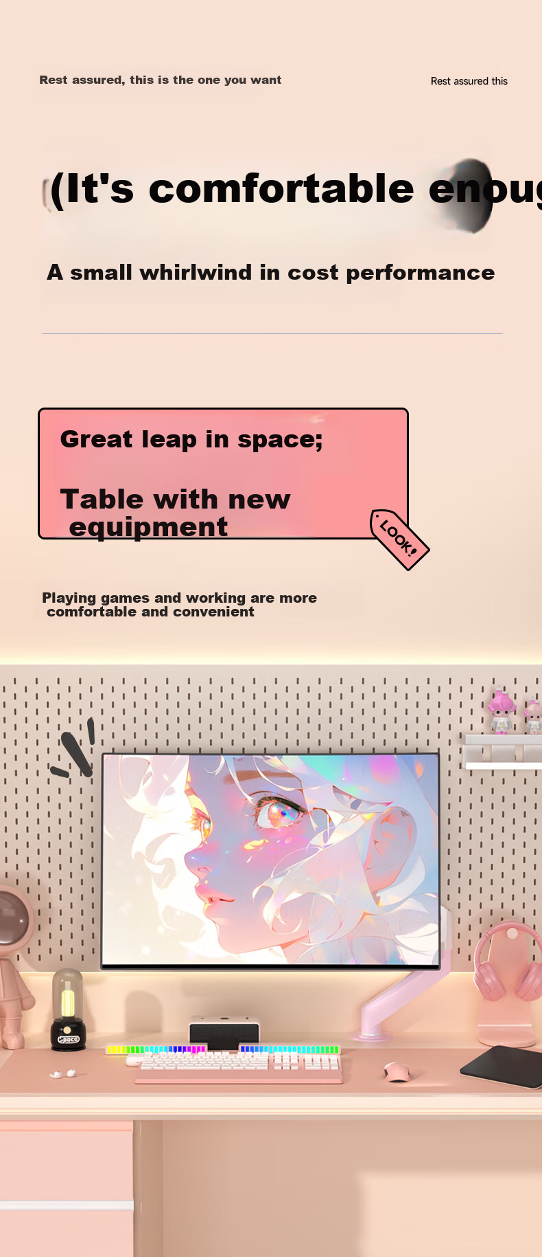 Подставка для монитора Zhiercheng MD8 Pink, механическая, регулируемая по высоте, для игровых комнат, розовый, 17-32 дюйма