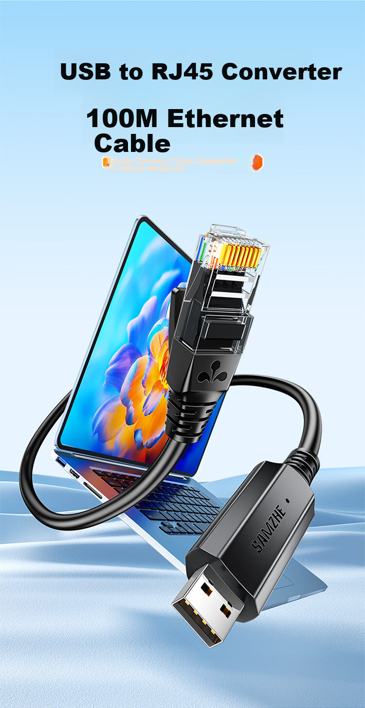 USB Ethernet адаптер SAMZHE RU203, 100 Мбит/с, 3 метра, USB Type-A на RJ-45, черный