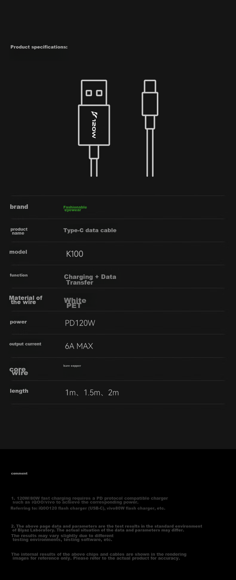 Кабель BIAZE Type-C, 2 метра, 6A быстрая зарядка, совместим с IQOO, Vivo, 120W/80W/66W