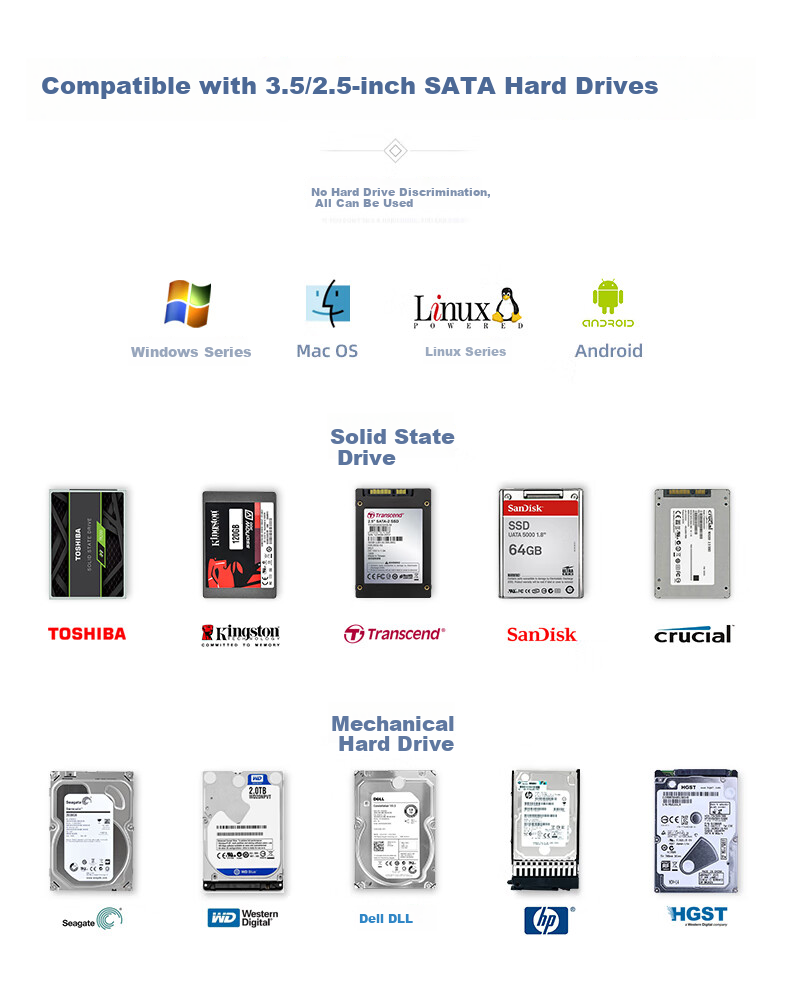 UNITEK Корпус для жестких дисков, 8 отсеков, для 2.5/3.5-дюймовых SSD и HDD, внешний накопитель для компьютеров