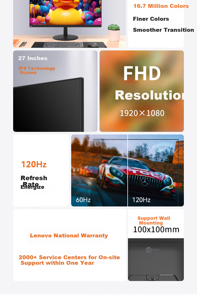 Монитор Lecoo Lenovo 27-дюймовый 120 Гц Full HD, узкая рамка, низкий уровень синего света, для дома и офиса, развлечений, модель B2721-3