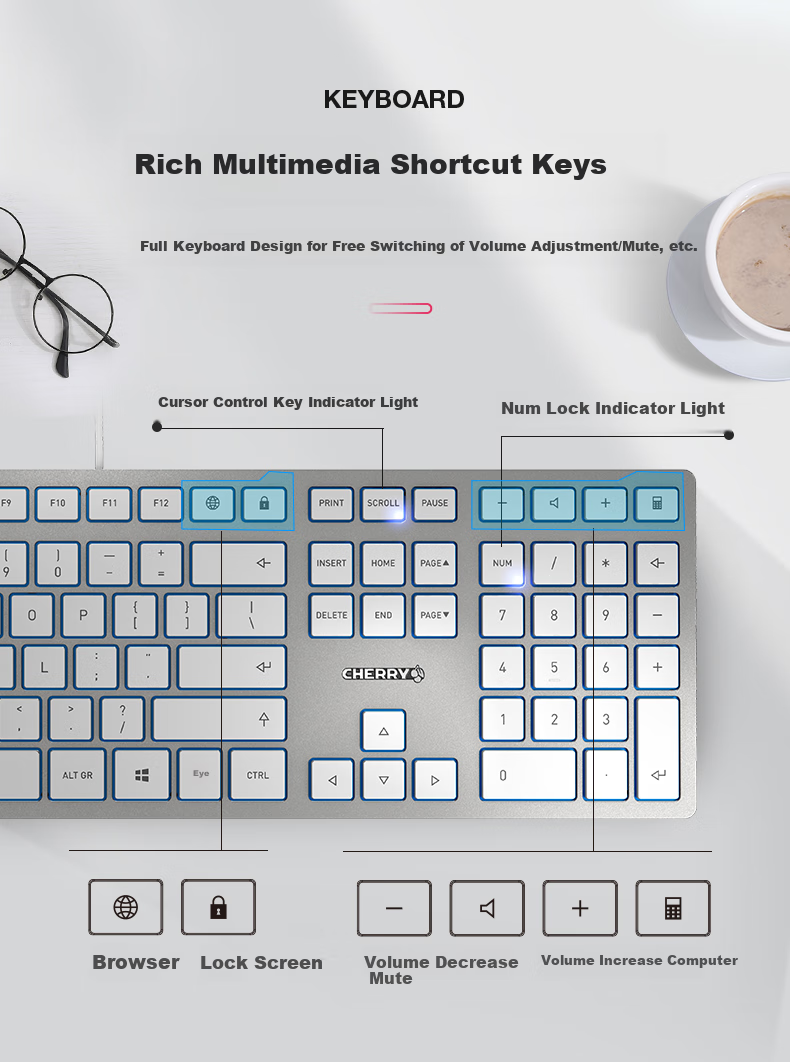 Проводная клавиатура CHERRY KC6000 Silver, полноразмерная, мембранная, с SX-ножничным механизмом, серебристая