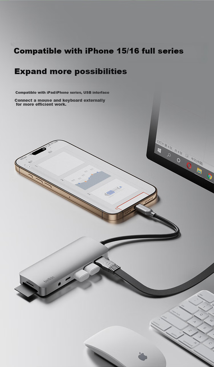 BELKIN Type-C Expansion Dock, 7-в-1 адаптер для iPad, конвертер для Apple Computer, PD 100W, зеркалирование экрана HDMI, кард-ридер USB/SD AVC009-V2