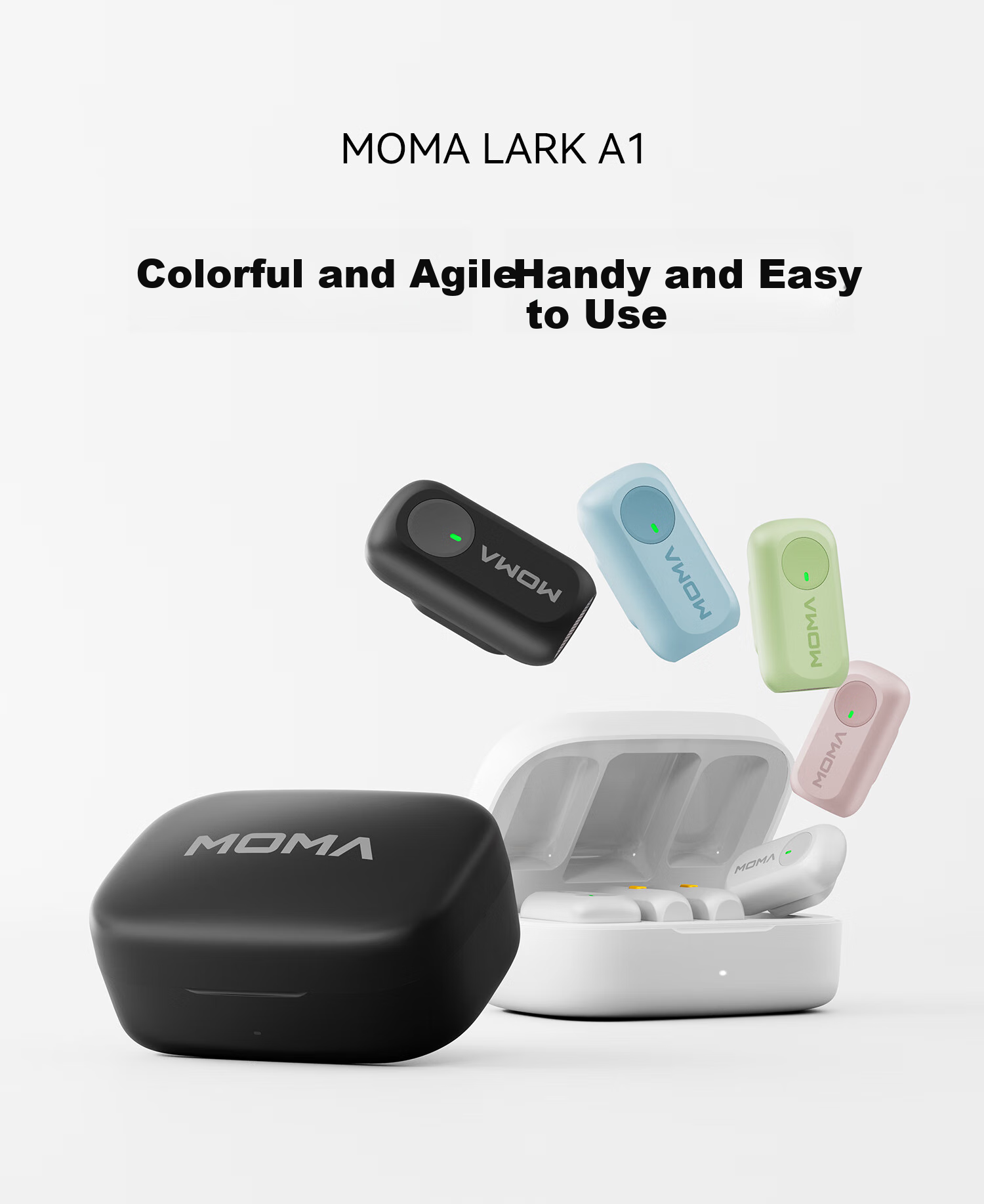 MOMA LARK A1 Беспроводной петличный микрофон для мобильного телефона, прямой эфир, профессиональная запись, шумоподавление, мини-микрофон для интервью, Moma Audio Recorder, двойной канал, с зарядным кейсом, цвет "Ледяной синий"