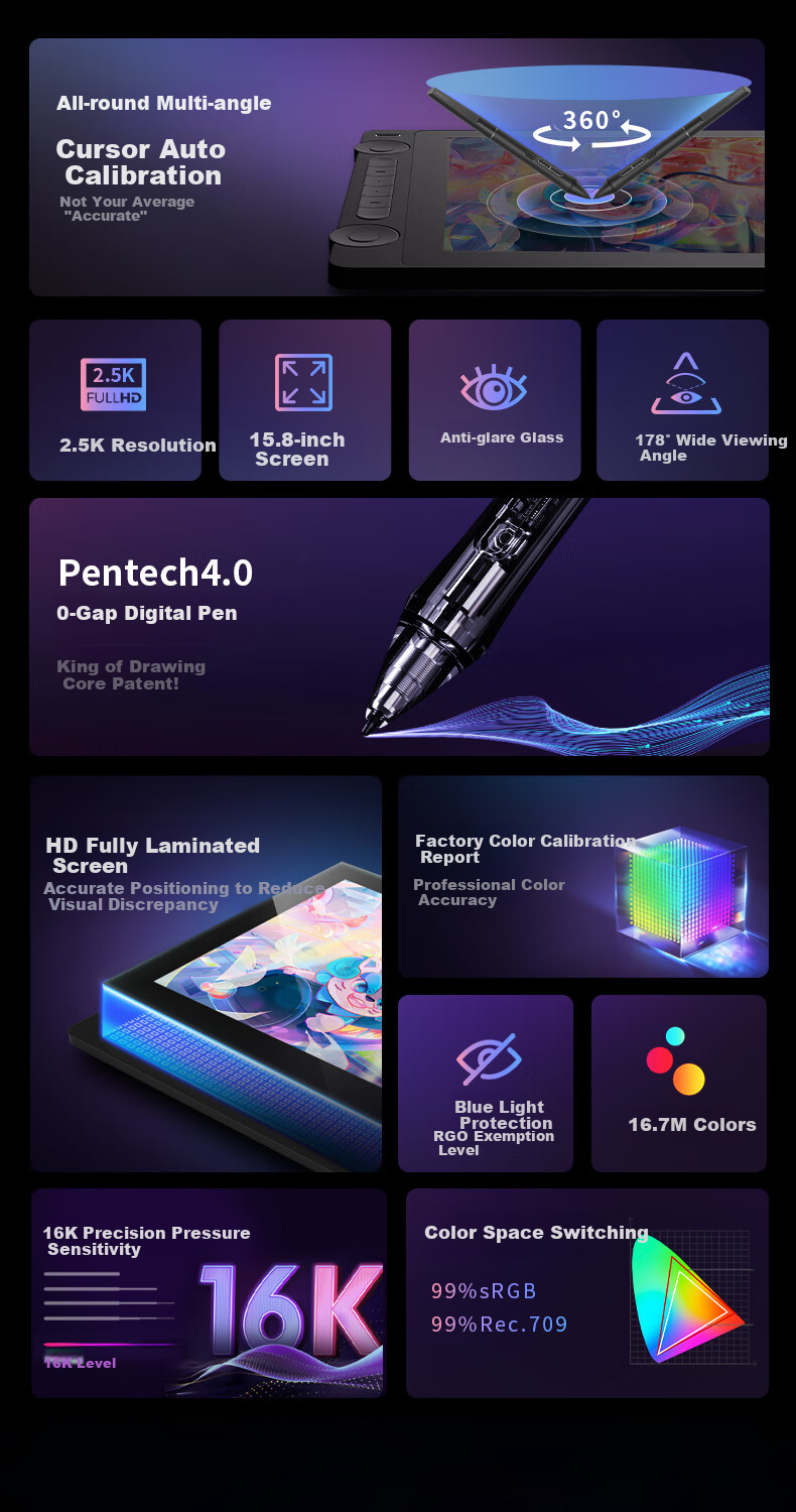 Графический планшет HUION Kamvas 16 Gen3 (2.5k) Smart Digital Display, подключаемый к телефону для рисования, компьютерной графики, ЖК-планшет для рисования, 4.0 цифровое перо, отчет о заводской калибровке цвета