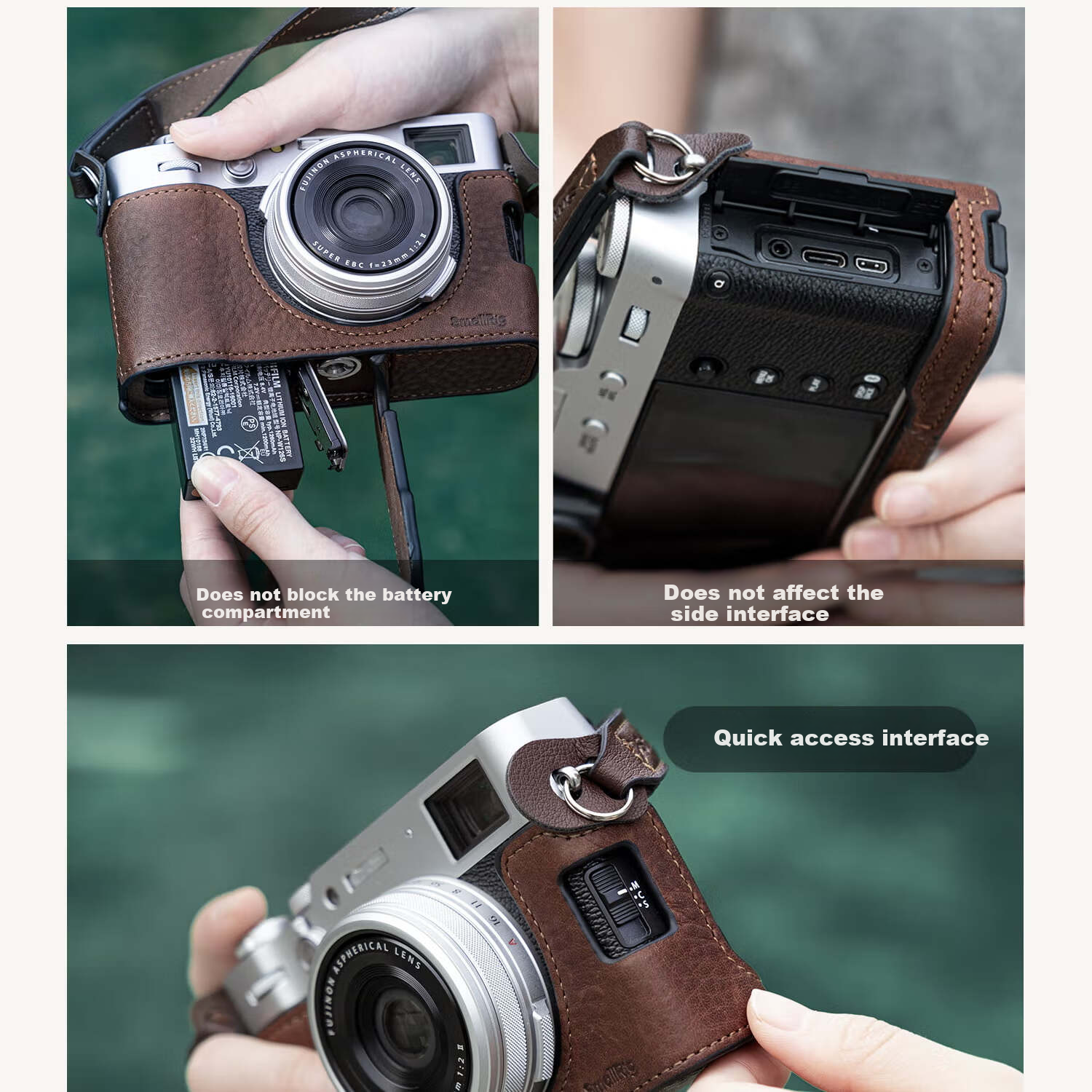 Кожаный чехол-футляр для камеры Fujifilm X-M5 SmallRig 4880, полузакрытый, с ремешком на запястье, коричневый