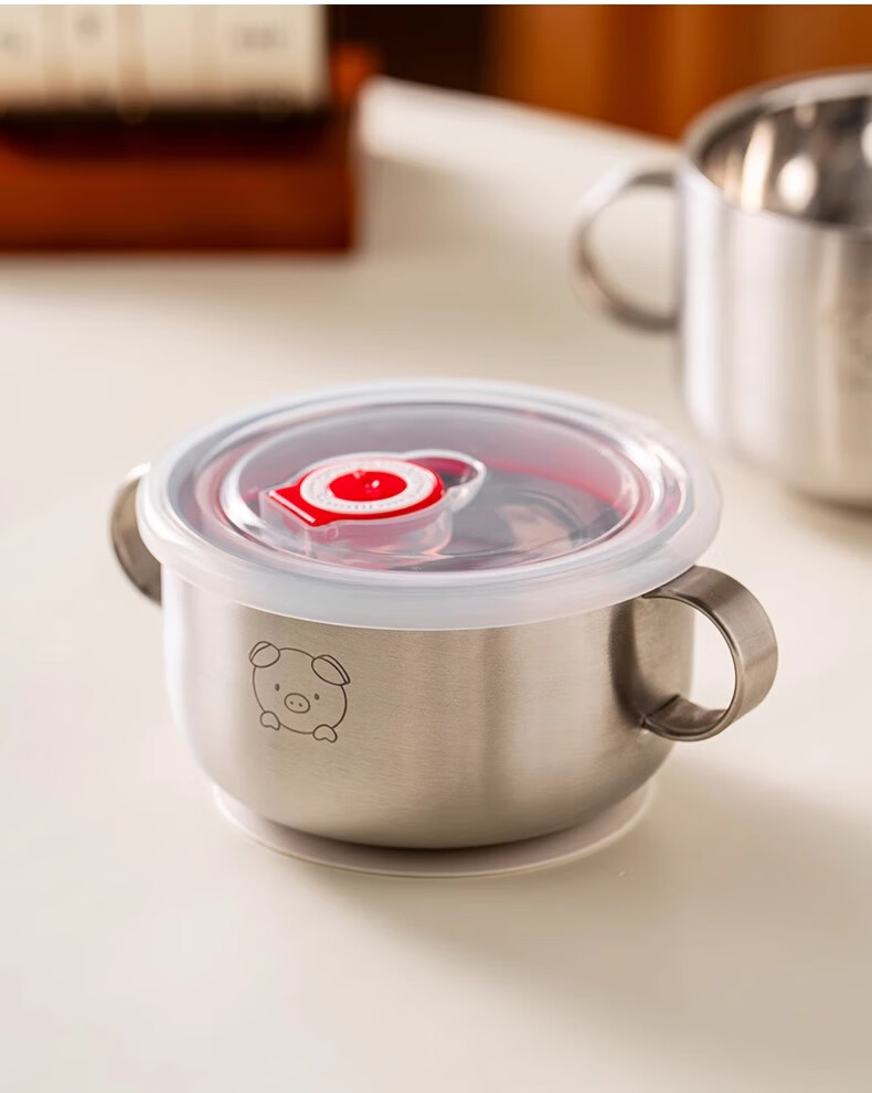 Детская миска Onlycook из нержавеющей стали 316L с крышкой и присоской, 350 мл, дизайн "Маленькая свинка"