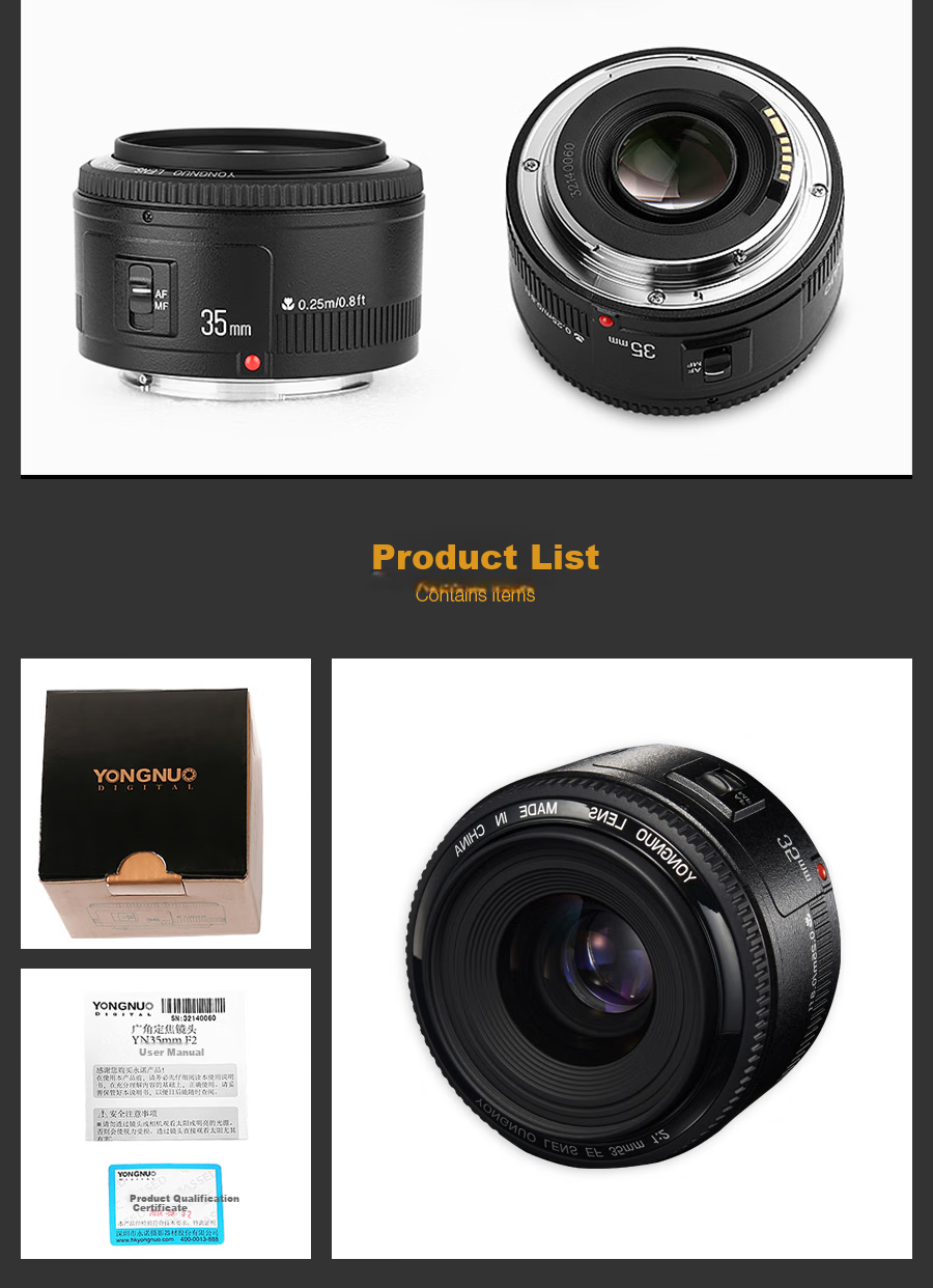 Объектив YONGNUO YN35mm F2 для Canon EF, полнокадровый, широкоугольный, с фиксированным фокусным расстоянием F2.0