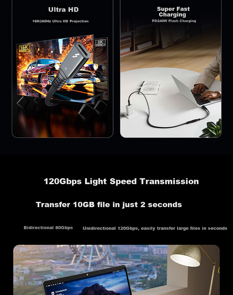 Кабель-удлинитель ULT-unite Thunderbolt 5, мама-папа, 16K HD, 120 Гбит/с, 240 Вт, 0.8 м