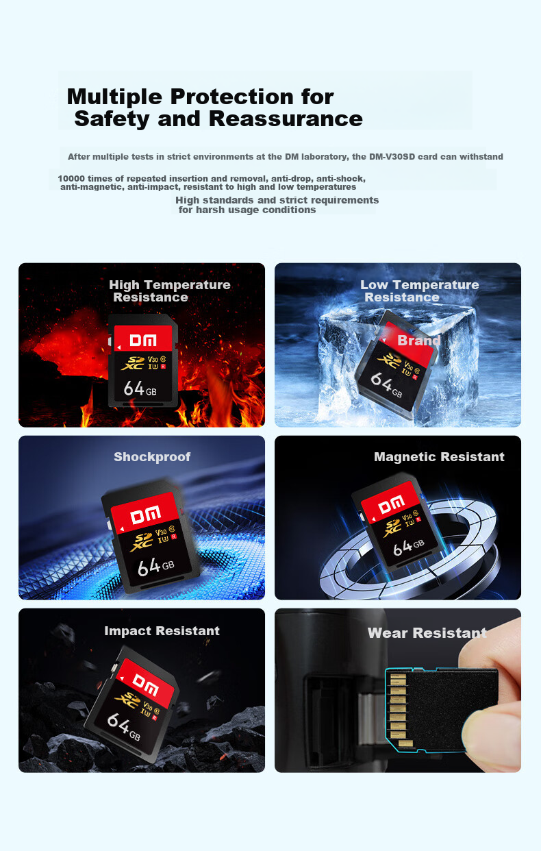 Карта памяти DM SD 64GB U3 V30, высокая скорость записи/чтения, подходит для камер и видеокамер, защита от влаги и перепадов температур