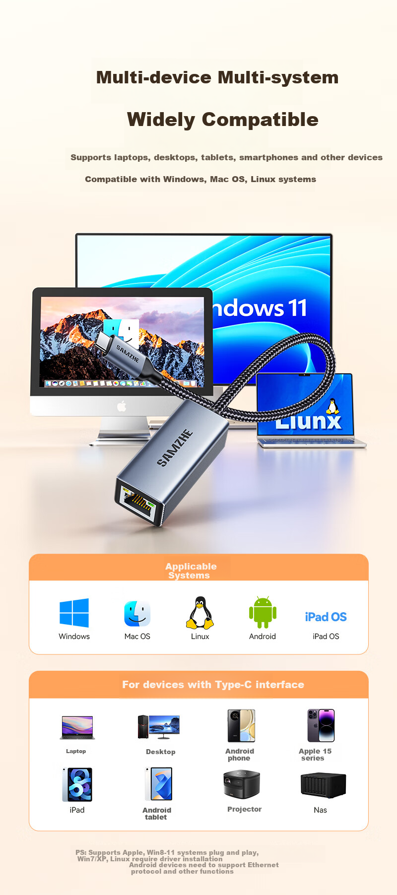Адаптер SAMZHE USB-C на RJ45 Gigabit Ethernet, проводная сетевая карта, конвертер для MacBook, ноутбуков Huawei, телефонов