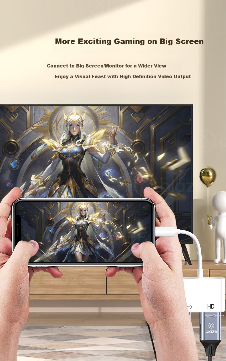 Переходник BIAZE Apple Lightning на HDMI, 0.8 метра, аудио-видео адаптер для iPhone/iPad