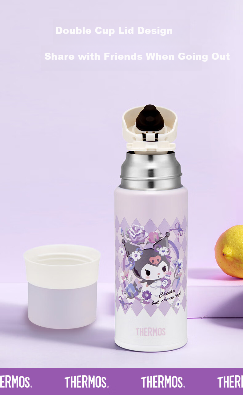 Детская термокружка THERMOS FFM с крышкой-непроливайкой, 370 мл, нержавеющая сталь 316L, дизайн Sanrio Kuromi, с чехлом