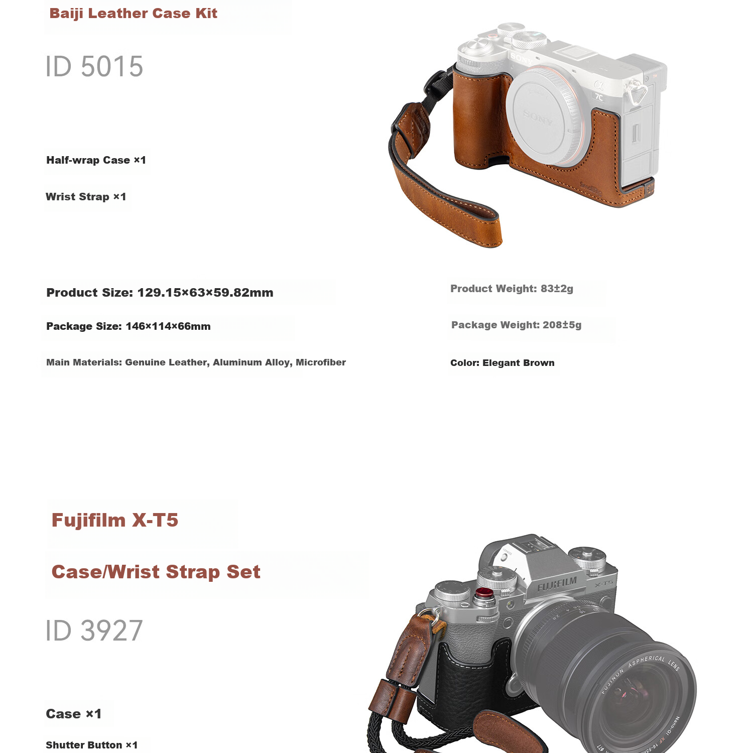 Кожаный чехол-футляр для камеры Fujifilm X-M5 SmallRig 4880, полузакрытый, с ремешком на запястье, коричневый