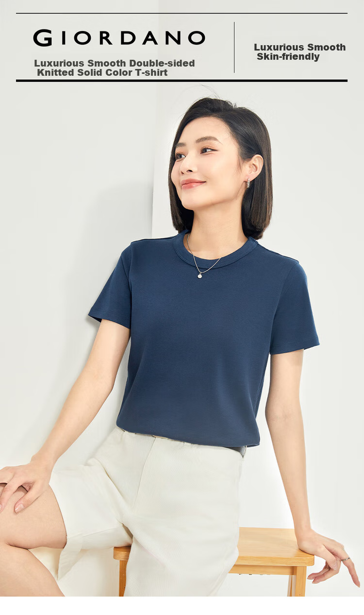 Женская футболка Giordano с коротким рукавом, 100% хлопок, дышащая, с круглым вырезом, размер XL, цвет "67 Выборочный красивый синий"