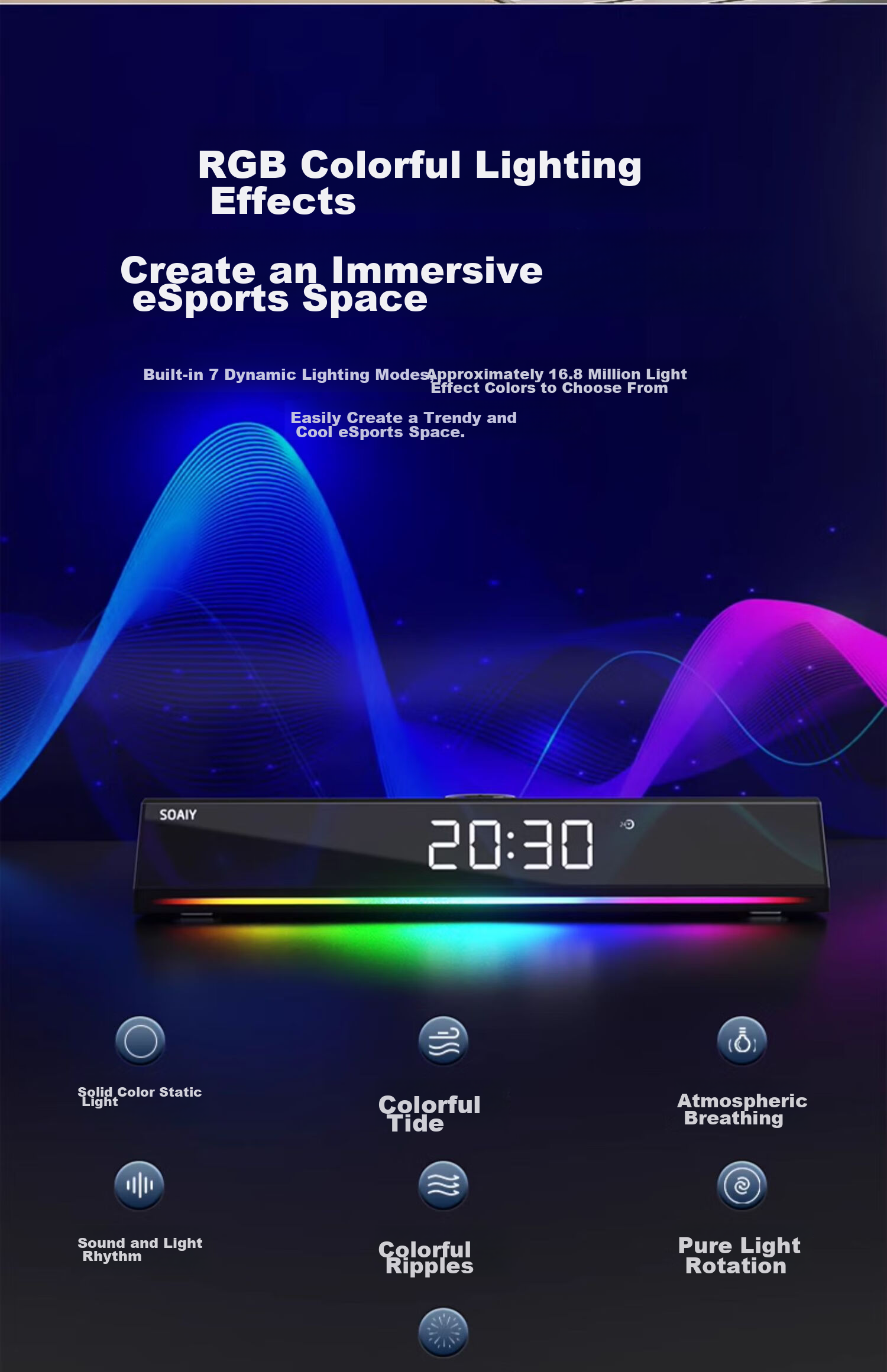 Акустическая система Soaiy SH18 Bluetooth, саундбар для компьютера, игровая акустика для ПК, черная версия с часами и подсветкой