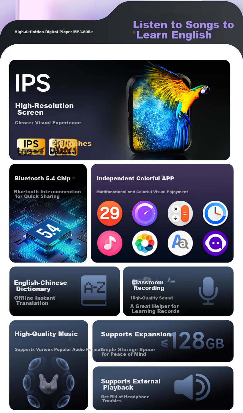 MP3/MP4 плеер Aigo 805e, 2-дюймовый сенсорный экран, Bluetooth 5.4, HIFI звук, 8 ГБ, черный