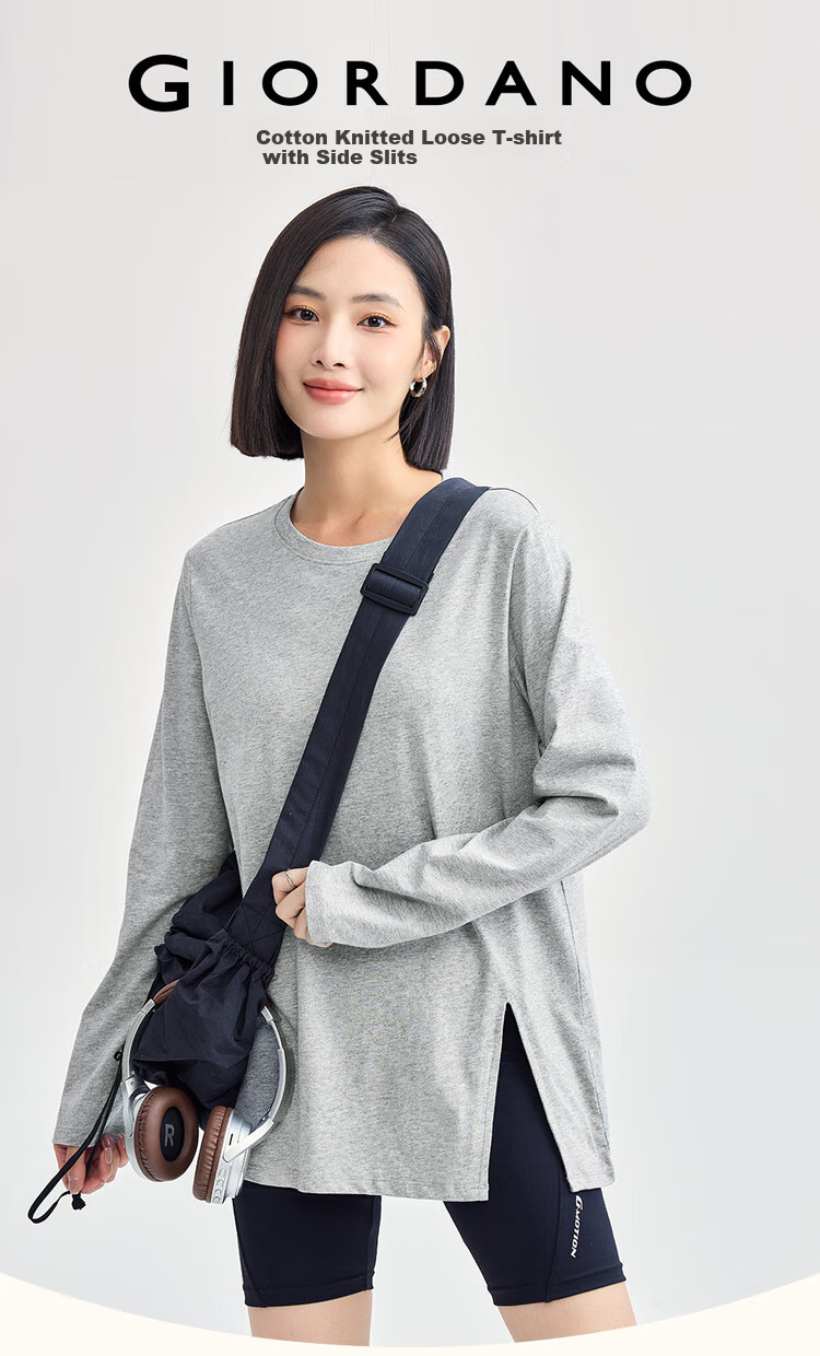 Женская футболка Giordano с длинным рукавом, модель 05324800, весна 2026, из 100% хлопка, с круглым вырезом и боковым разрезом, свободный крой