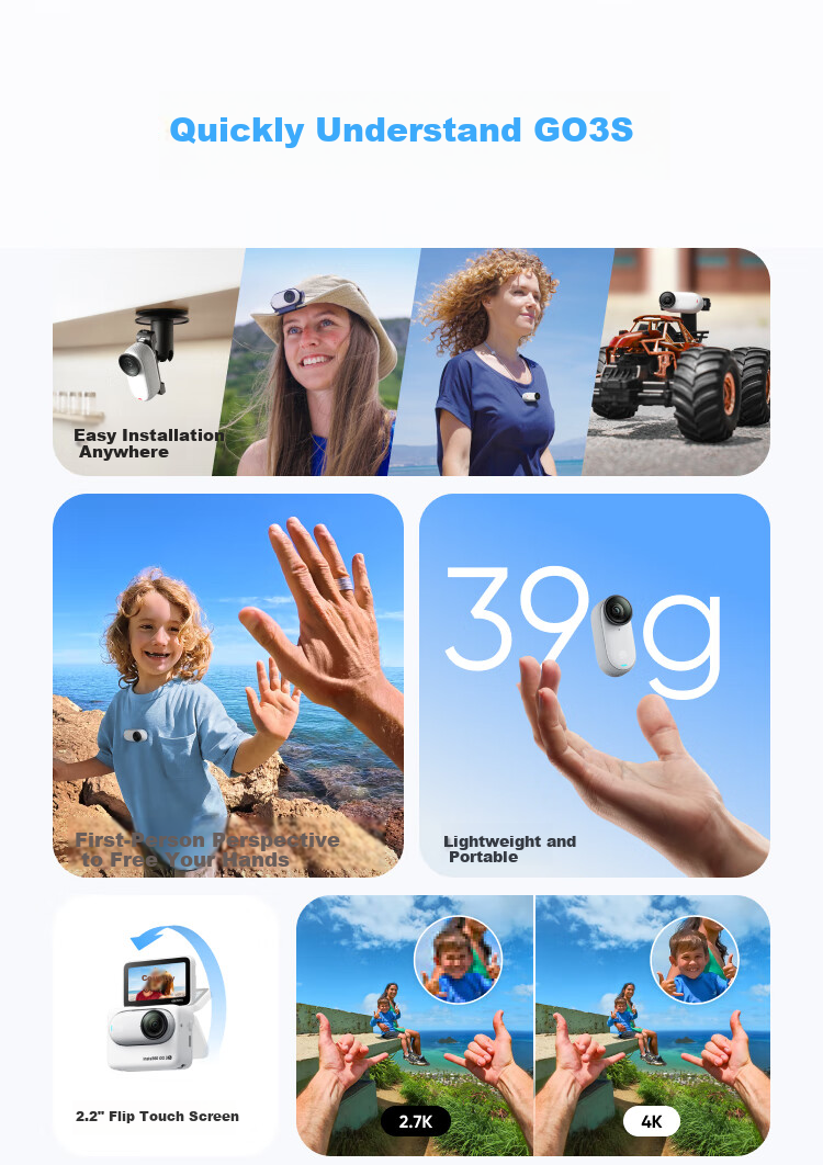 Экшн-камера Insta360 GO 3S 4K, водонепроницаемая, с функцией стабилизации, для велоспорта и влогов, 128 ГБ, белый