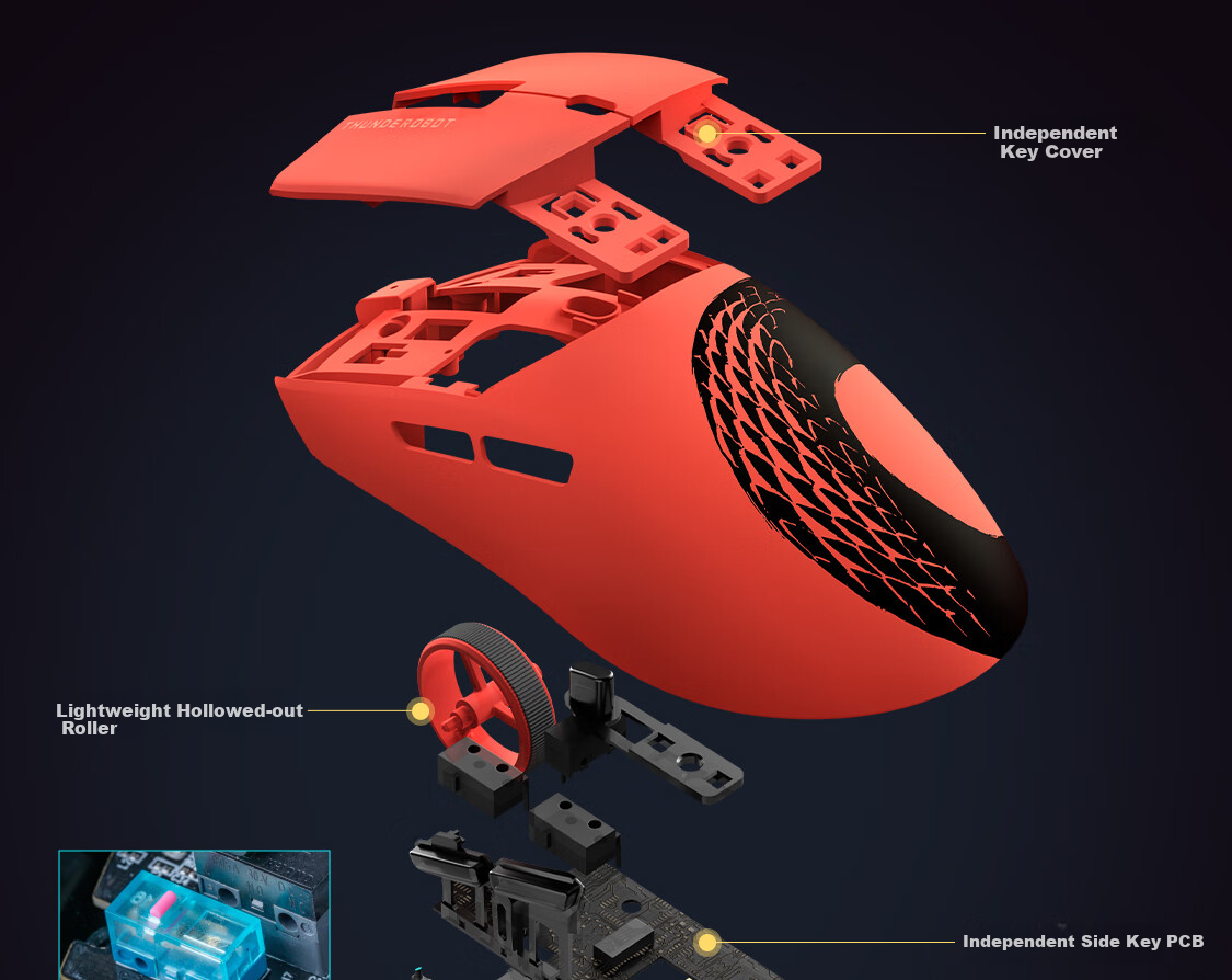 Игровая беспроводная мышь ThundeRobot ML6PRO 8K Gaming Edition, эргономичная, красная, для правой руки, 57г, 20000+ DPI