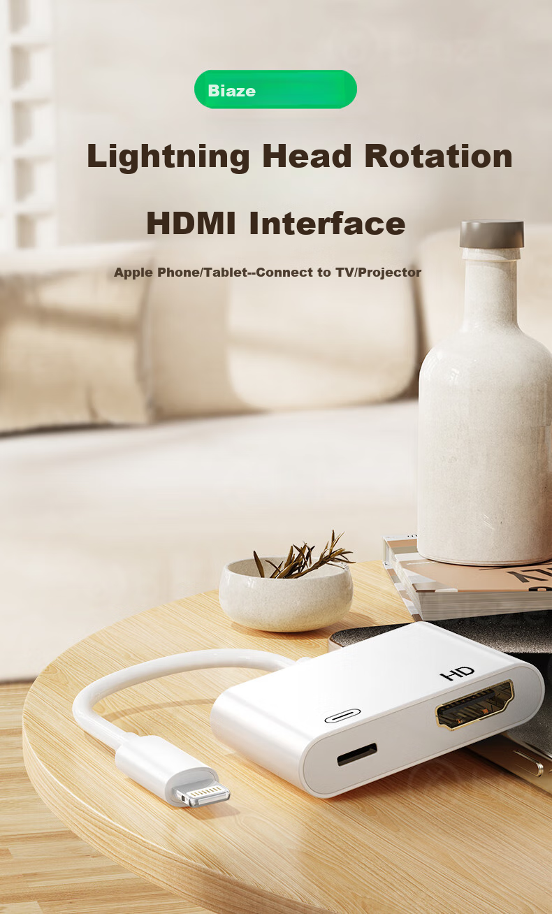 Переходник BIAZE Apple Lightning на HDMI, 0.8 метра, аудио-видео адаптер для iPhone/iPad