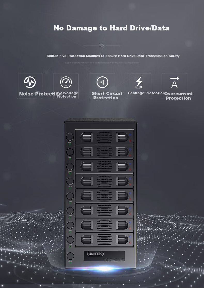 UNITEK Корпус для жестких дисков, 8 отсеков, для 2.5/3.5-дюймовых SSD и HDD, внешний накопитель для компьютеров