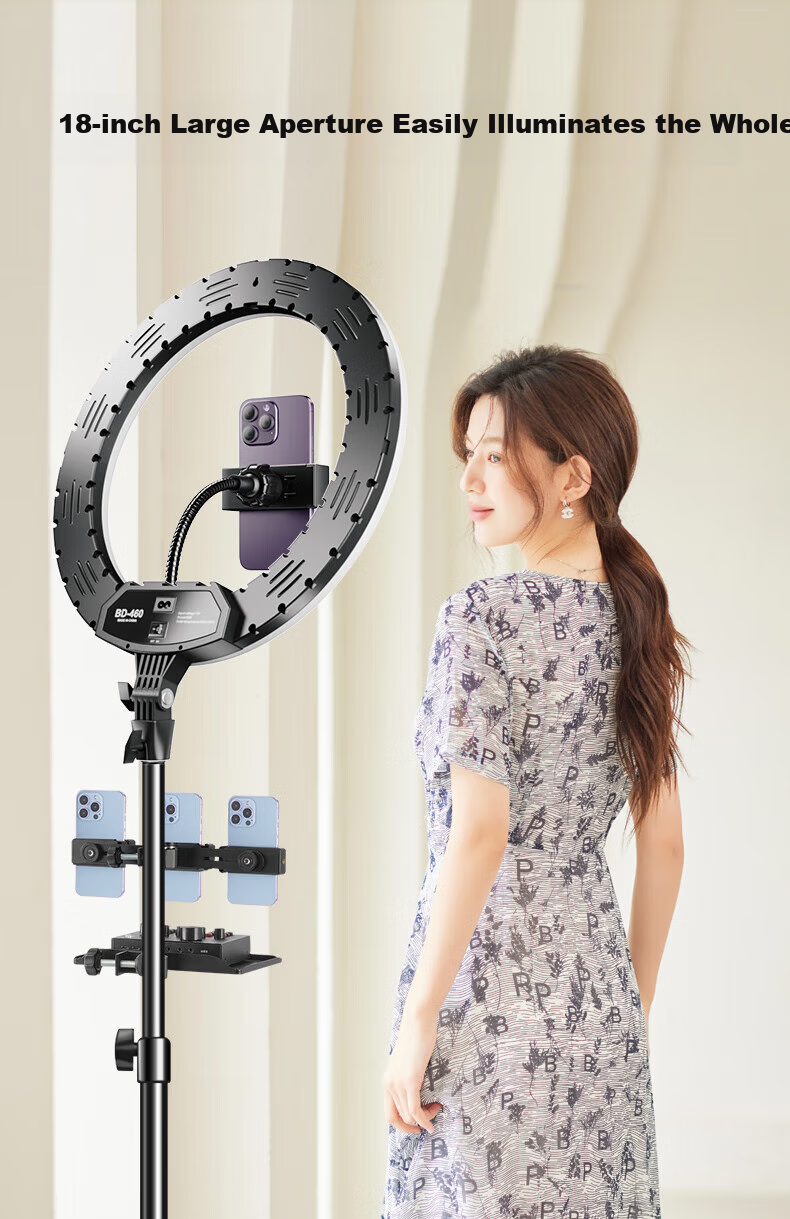 LED кольцевая лампа Jimantu 18 дюймов для стримов и макияжа, с регулируемой яркостью и цветовой температурой, в комплекте со штативом 2.1 м