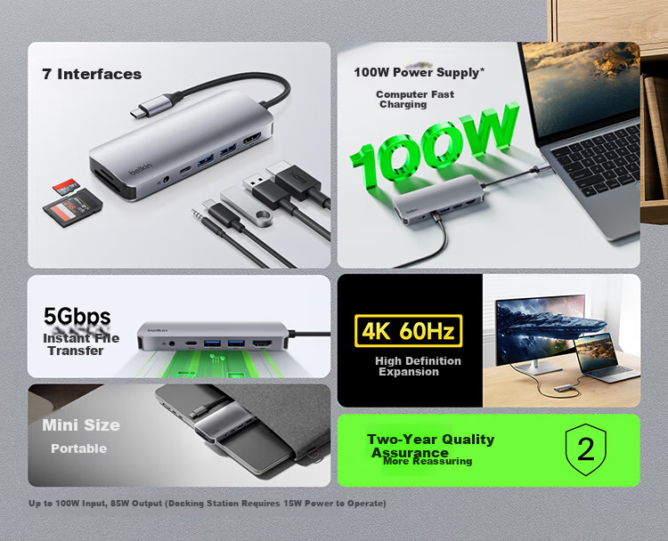 BELKIN Type-C Expansion Dock, 7-в-1 адаптер для iPad, конвертер для Apple Computer, PD 100W, зеркалирование экрана HDMI, кард-ридер USB/SD AVC009-V2