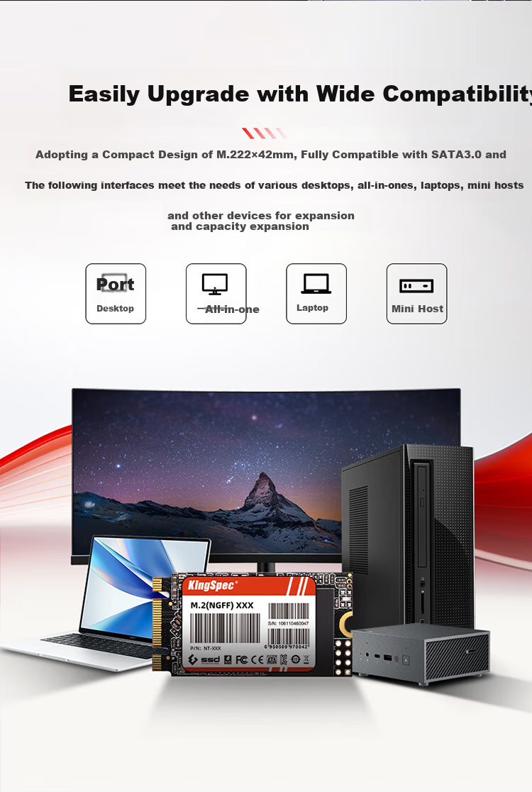 KingSpec 1TB SSD M.2 SATA NGFF 2242, скорость чтения 550 МБ/с, совместим с настольными ПК и ноутбуками