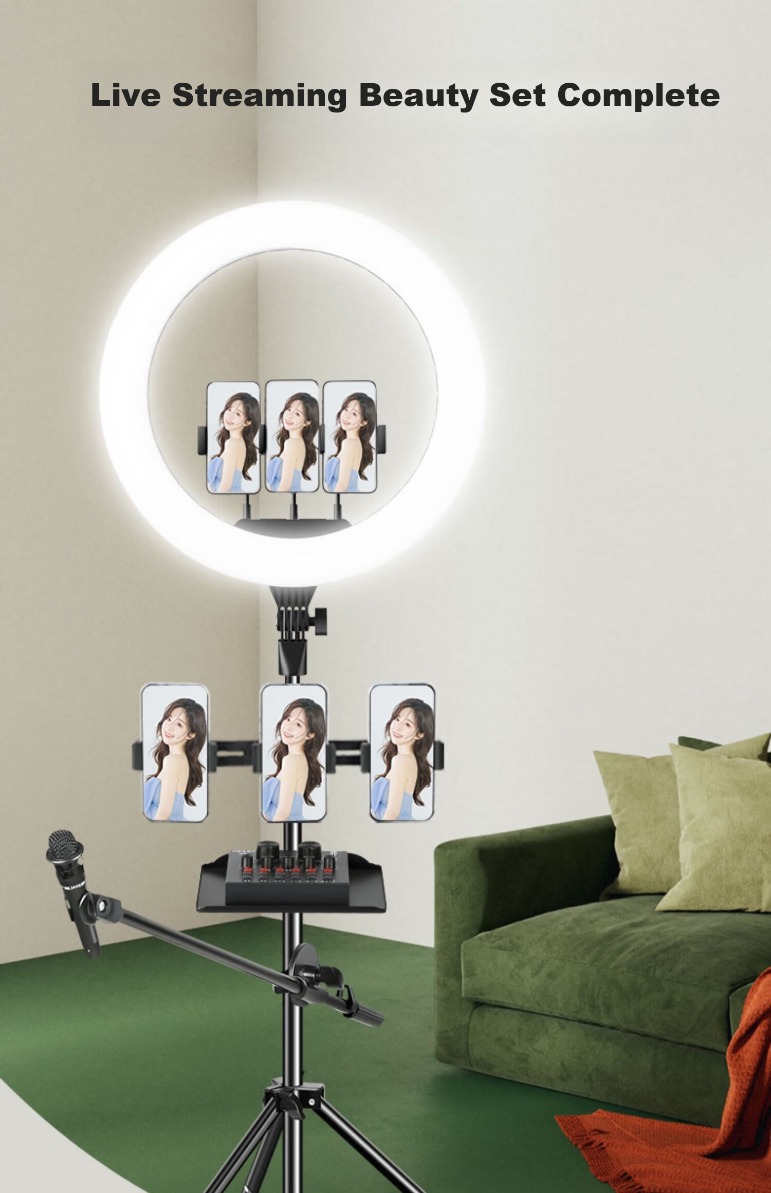 LED кольцевая лампа Jimantu 18 дюймов для стримов и макияжа, с регулируемой яркостью и цветовой температурой, в комплекте со штативом 2.1 м