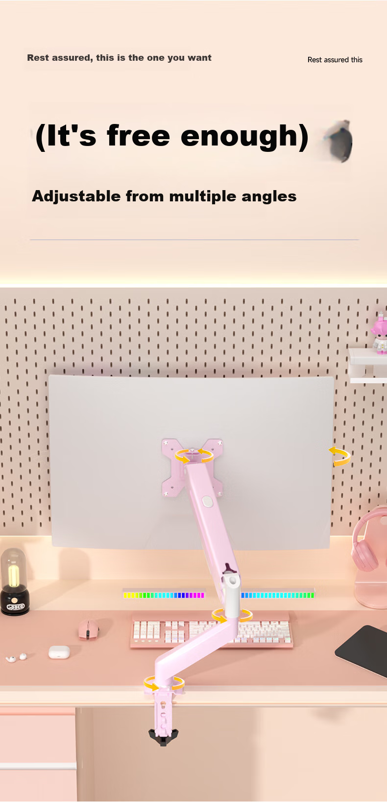 Подставка для монитора Zhiercheng MD8 Pink, механическая, регулируемая по высоте, для игровых комнат, розовый, 17-32 дюйма